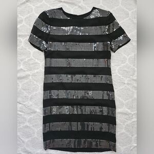 Liz Claiborne Sequin Dress Women's Size 8 Black Silver Short Sleeve Lined EUC